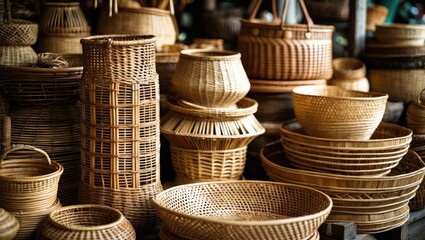 Poster - Market scene showcasing woven rattan, bamboo, and straw crafts.