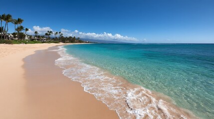 Poster - A wide sandy beach with scattered palm trees stretches along the coastline, where turquoise waves gently lap at the shore beneath a clear sunny sky