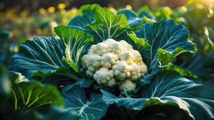 Poster - Cauliflower growing outdoors in sunny garden with lush leaves.