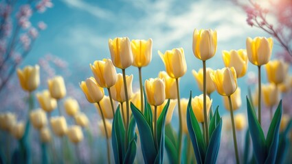 Poster - Springtime floral display with stunning yellow tulips as background
