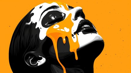 Aufkleber - Woman's face is painted with yellow and black paint. The painting is abstract and has a moody, dark feel to it