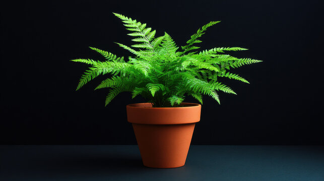 A vibrant green fern plant thrives in a terracotta pot against a stark black background, showcasing its delicate fronds and creating a natural aesthetic display.
