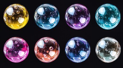 Poster - A collection of colorful bubbles in various shades rests against a black surface. The bubbles showcase unique reflections and light effects, enhancing the artistic atmosphere