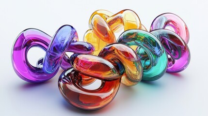 Poster - Interconnected translucent rings in vibrant colors lay on a white surface, showcasing a harmonious blend of reds, purples, greens, and yellows in a contemporary design