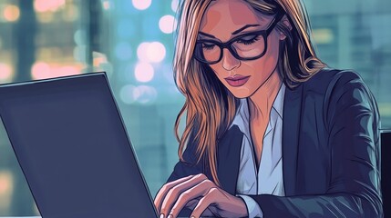 Poster - office, business, technology, networking and internet concept - businesswoman using her laptop computer illustration , no logos, no brands