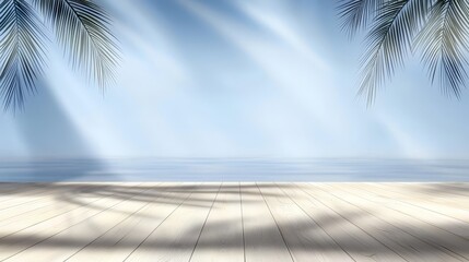 Poster - Beach scene with a wooden boardwalk and palm trees. The sky is blue and the sun is shining, creating a warm and inviting atmosphere