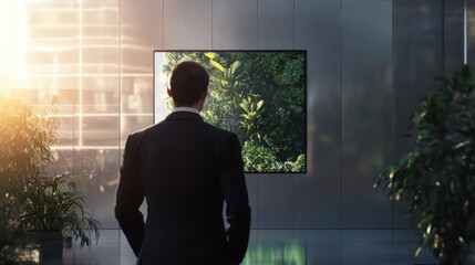 Poster - A businessperson in front of a digital screen, communicating growth opportunities for the company.
