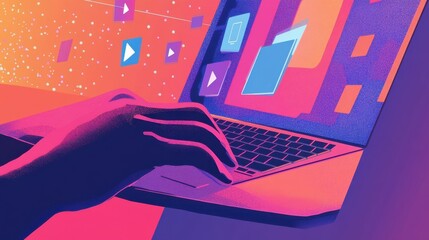 Poster - Close up of hand with laptop and media icons illustration , no logos, no brands