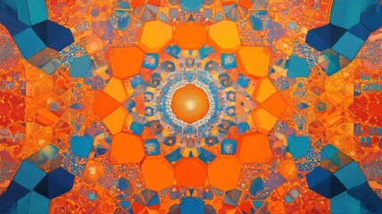 Poster - a vibrant orange and blue geometric pattern with hexagons and triangles forming an energetic, lively
