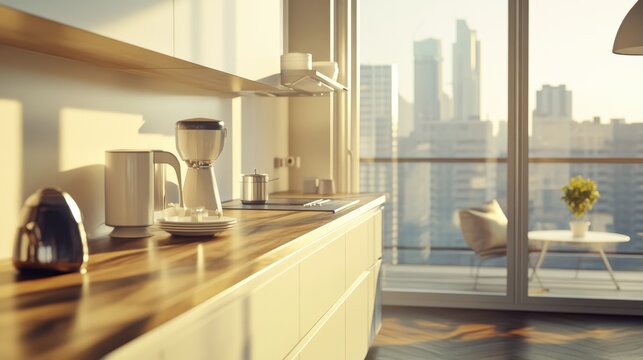 Side view on stylish, sunny kitchen area with modern white kitchen set and furniture, stylish lamp from top, wooden floor and city view from window. 3D rendering illustration , no logos, no brands