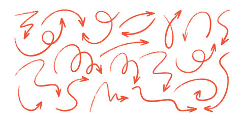 Poster - Red pencil arrow doodles set - hand drawn swirls, curved lines, chaotic pointers. Chalk sketches, artistic design elements pack. Grunge style marker scribbles, crayon strokes outline drawings.