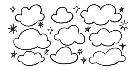 Poster - Kid pencil sketch clouds doodles set with stars - charcoal chalk hand drawn vector shapes isolated on white background. Cartoon childish style elements. Cute simple crayon illustrations.