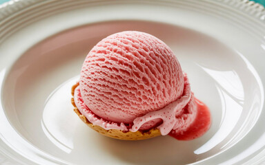 Poster - Delicious scoop of strawberry ice cream on a white porcelain plate