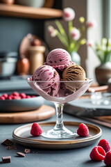 Poster - Ice cream sundae with raspberry and chocolate flavors