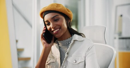 Aufkleber - Office, creative agency and businesswoman with phone call for communication, story questions and source. Laughing, female person and journalist with computer for mobile, talking and contact for news