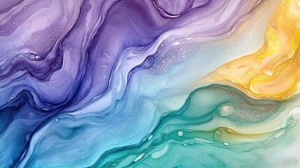 Poster - An abstract artwork showcases flowing patterns blending shades of purple, blue, green, and yellow. The vibrant colors create a sense of movement and depth, captivating the viewer