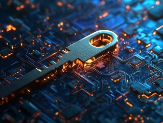 Fototapete - Digital security concept highlighting a key against an abstract circuit board background