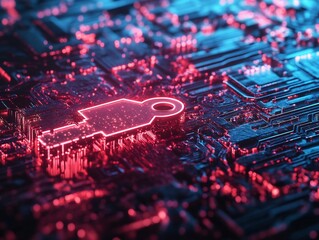 Fototapete - Cybersecurity Key: Glowing Digital Access on a Futuristic Circuit Board