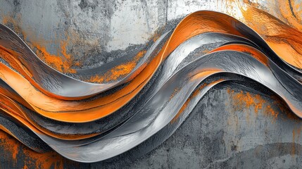 Poster - Waves of silver and orange metal ripple across a weathered gray surface, creating a dynamic and colorful abstract composition showcasing texture and movement