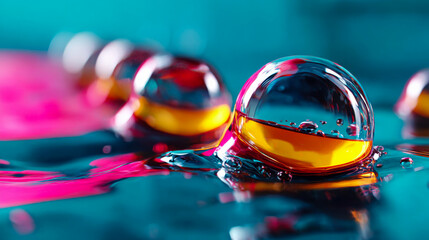 Poster - Macro shot of abstract colorful liquid droplets on a smooth surface, highlighting modern design, creativity, and vibrant visual effects