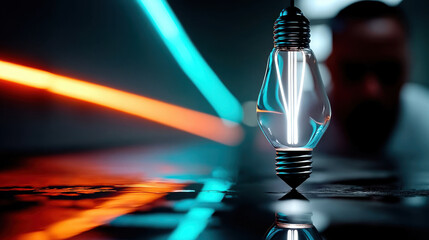 Poster - A glowing light bulb standing upright on a reflective surface with neon light trails in the background
