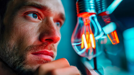 Poster - Close-up of a man gazing thoughtfully at a glowing light bulb, symbolizing inspiration and innovative thinking