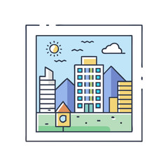 Poster - Illustration of city skyline with buildings, sun, cloud, mountains, and birdhouse in frame art