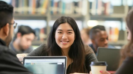 Poster - A group of college students are working together on laptops in library. The students are diverse group of people, , they appear to be enjoying each other's company. They're engaged in collaboration.