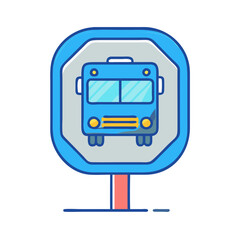 Poster - Blue bus stop sign public transportation vehicle travel route urban city transport service symbol icon