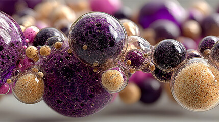 Poster - Vibrant purple and amber liquid bubbles on a glossy surface, evoking abstract beauty and fluid dynamics