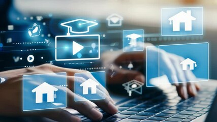 Poster - Close-up of hands typing on a laptop against a dark background. Digital icons of a graduation cap and other academic symbols overlay the scene, depicting online education and digital learning.