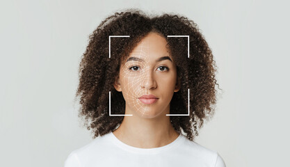 Poster - Biometric facial recognition of calm young african american female, isolate on gray background, copy space, panorama. Future tech, face detection, scanning, secure system and id biometric, collage