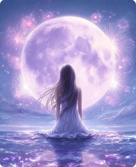 Wall Mural - a beautiful anime girl with long hair sits on the moon, surrounded by sparkling stars and colorful