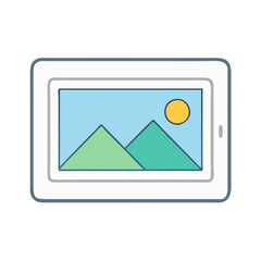 Poster - Illustration of tablet device screen showing landscape with mountains and sun mobile technology