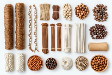 Fototapete - Collection of various natural materials for crafting displayed on a white background in an organized arrangement showcasing textures and colors
