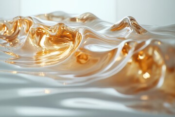 Poster - Fluid golden waves create an abstract art piece reflecting light in a modern indoor setting during daylight hours