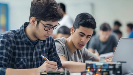 Poster - Two students are working together on a technology-focused project in a classroom environment. They are working with circuits and electronic components, with other students in the background.