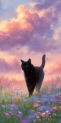 Wall Mural - a black cat walks through the flower field, surrounded by colorful clouds and a beautiful sky. the