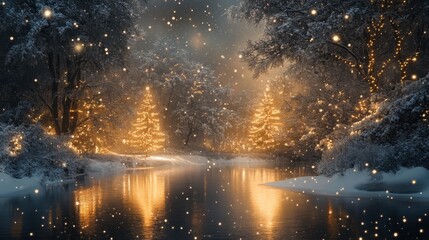 Poster - Snowy winter evening in a park with illuminated trees and festive lights creating a magical holiday atmosphere