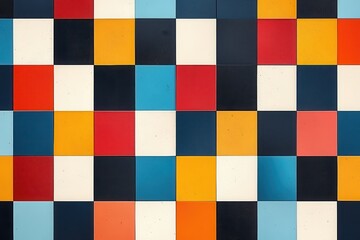 Poster - Colorful tiled wall design featuring vibrant geometric patterns in a modern urban setting during daylight