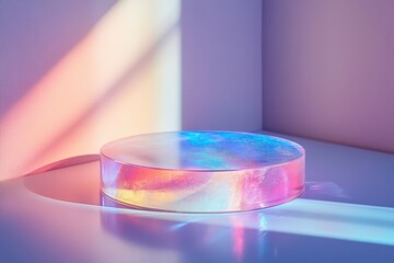 Leinwandbilder - Colorful iridescent disc on a white background showcasing a blend of pastel shades reflecting light in a smooth circular form