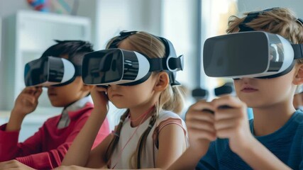 Aufkleber - A group of diverse young children are using VR headsets in a bright classroom setting. They are immersed in a virtual reality experience, exploring technology for modern education and learning.