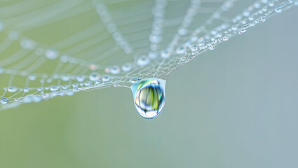Poster - A dewdrop clings to a spider web, reflecting colors from the surroundings in the soft morning light. The delicate structure showcases nature's intricate design and beauty