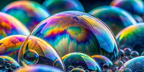 Poster - Various soap bubbles are scattered, glimmering with rainbow colors as sunlight hits them. Each bubble displays unique reflections and tones, enchanting any observer