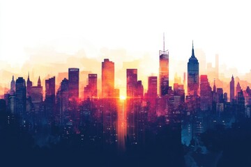Aufkleber - Vibrant skyline of a bustling city illuminated by a stunning sunset over tall buildings and skyscrapers at twilight