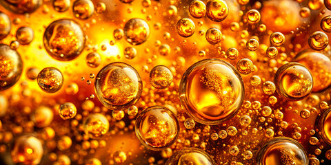 Poster - A burst of vibrant golden colors emerges as bubbles float and shimmer in a thick liquid. This captivating display showcases an artistic exploration of texture and light