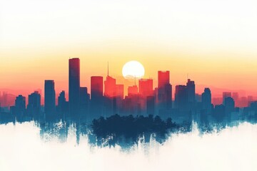 Aufkleber - Vibrant skyline of a bustling city illuminated by a stunning sunset over tall buildings and skyscrapers at twilight
