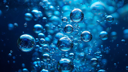 Poster - Bubbles ascend gracefully through clear blue water, creating shimmering reflections as they rise. Light filters through, enhancing the enchanting underwater atmosphere