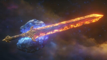 Wall Mural - A crystalline sword embedded in a floating stone, its blade glowing with an inner fire, casting dynamic, colorful reflections.