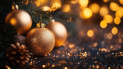 Poster - Holiday decorations with golden baubles and shimmering lights creating a festive atmosphere during the winter season
